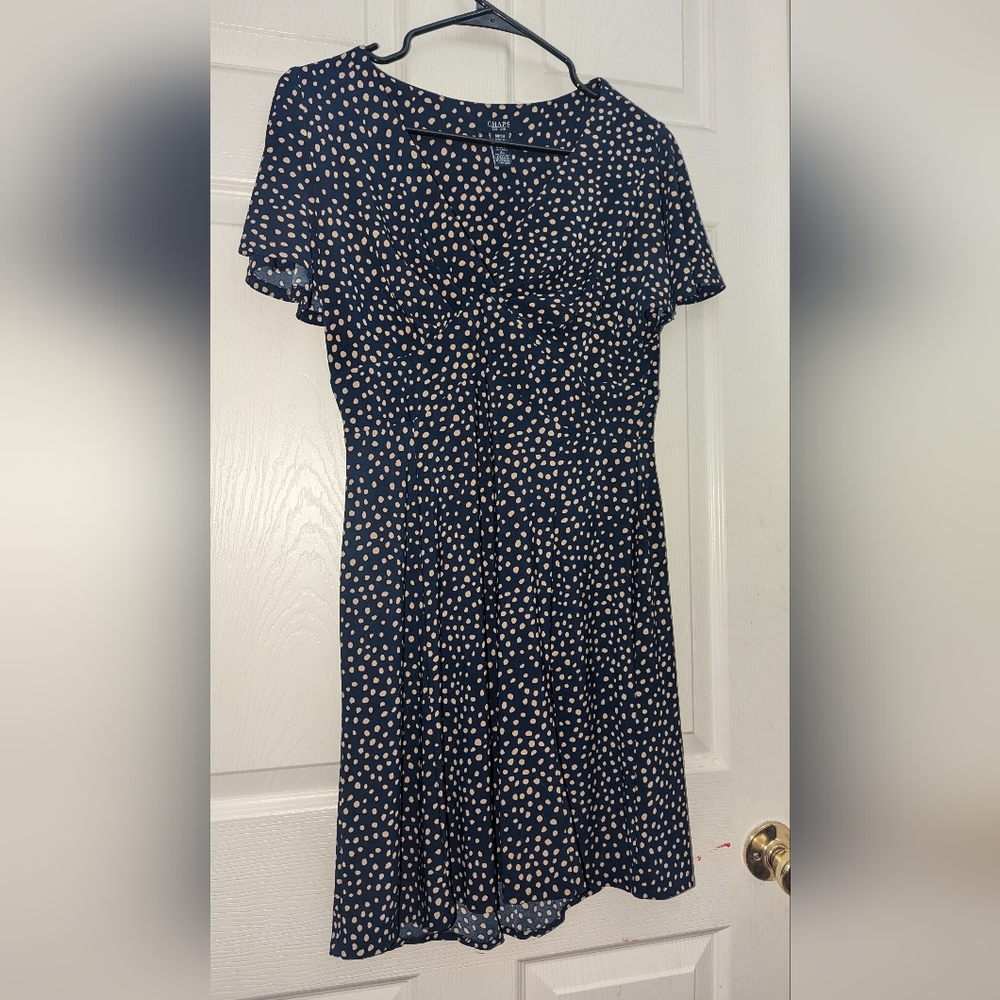 Chaps Navy and Tan Fit & Flare Flutter Sleeve Dress in Size S